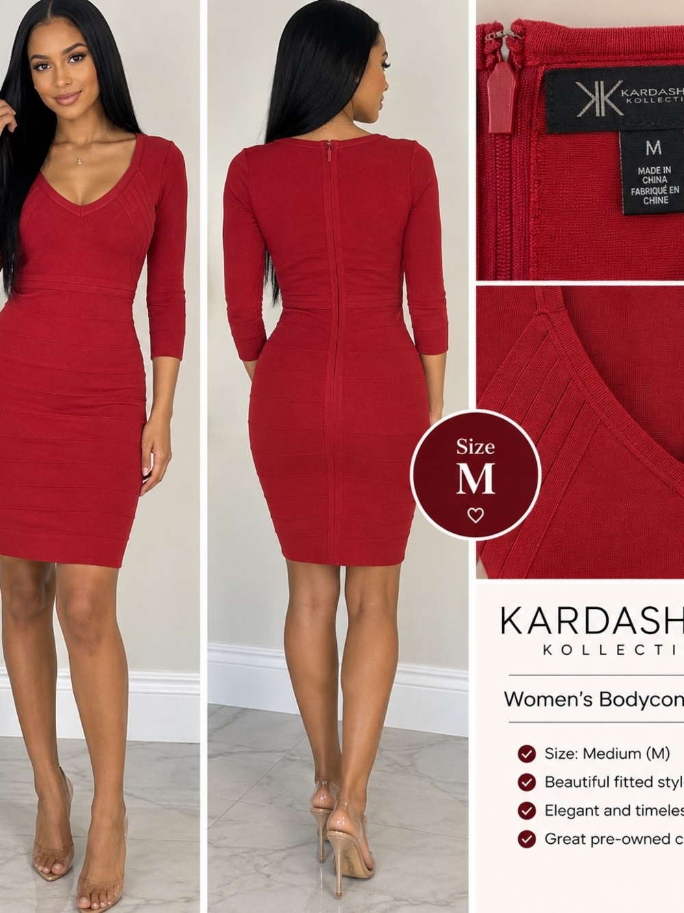 Kardashian Kollection Crimson Red Bodycon Dress with V-Neck